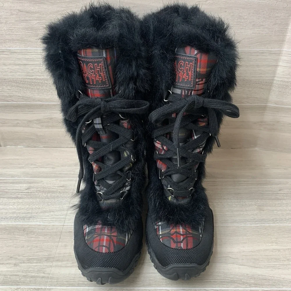 Coach Jennie Fur Lace Winter Boots Black Red Plaid Women's‎ Size 6.5B